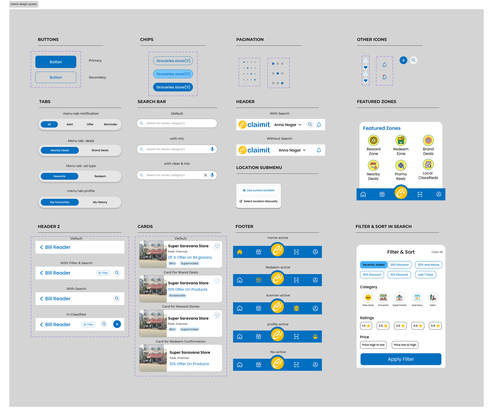 ClaimIt design system components including buttons, chips, tabs, headers, cards, footer navigation, featured zones, and filter controls
