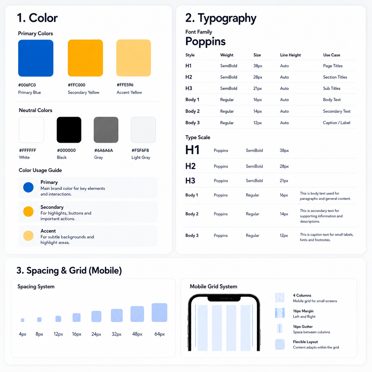 ClaimIt color palette, typography scale, spacing system, and mobile grid guide