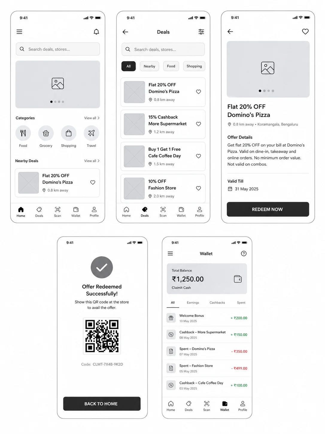 Digital wireframes showing ClaimIt home, deals, offer detail, redemption success, and wallet screens