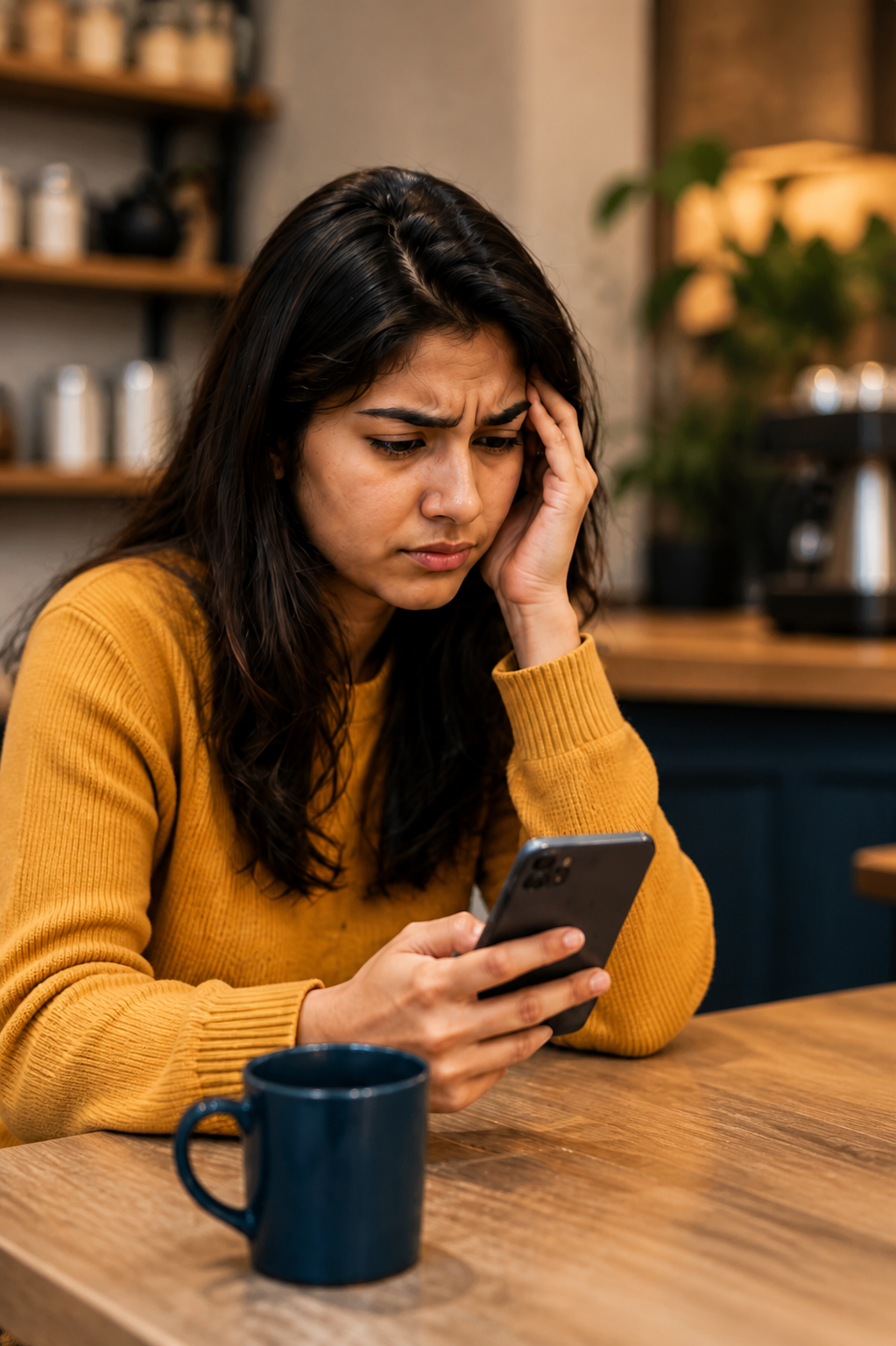 A frustrated shopper struggling with rewards on her phone