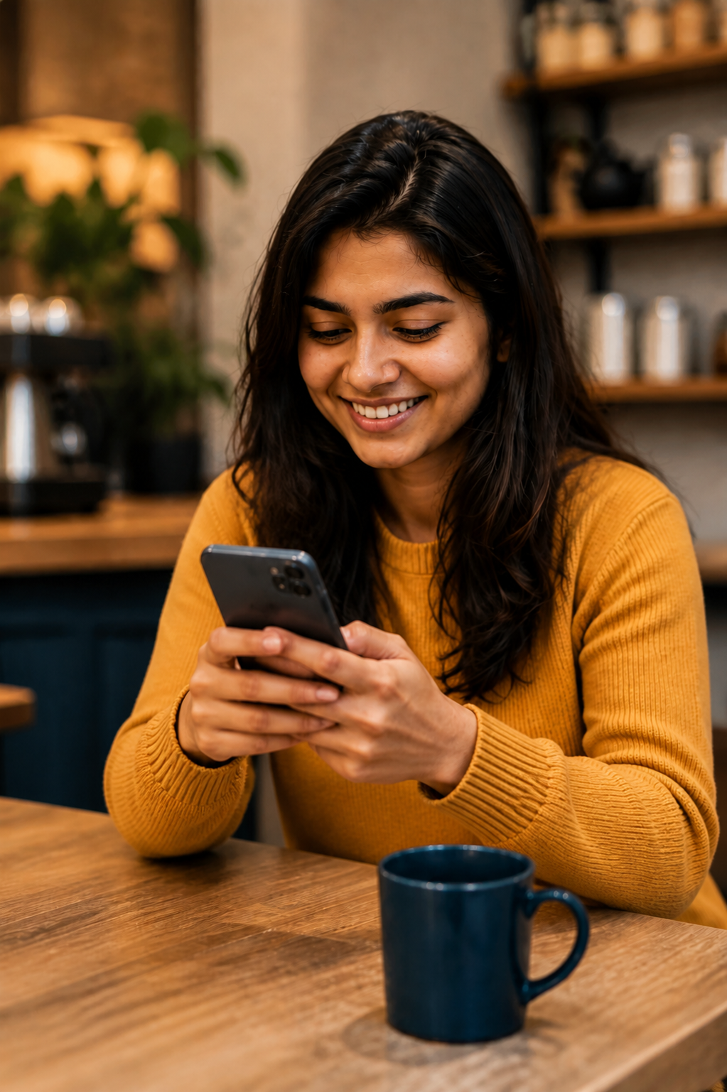 A happy shopper receiving a useful reward on her phone