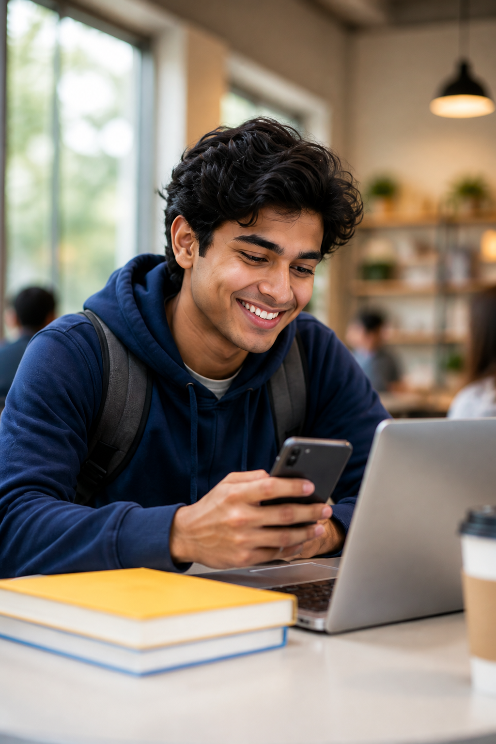 College student using a rewards app beside a laptop
