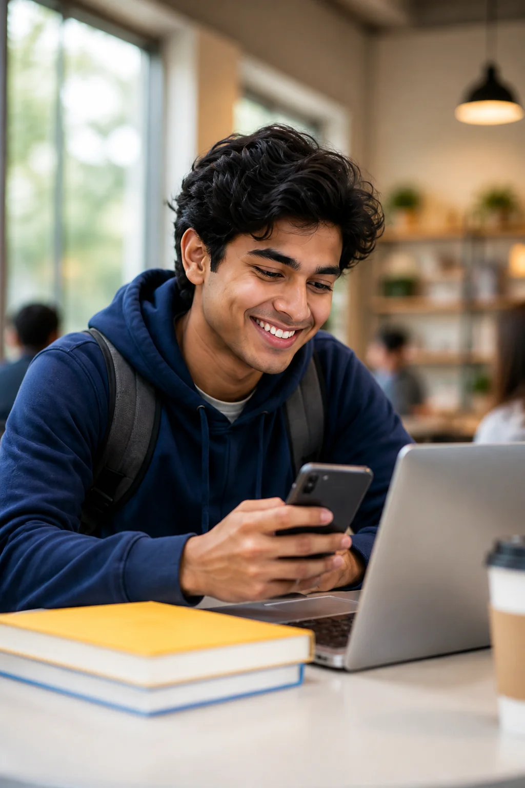 College student using a rewards app beside a laptop