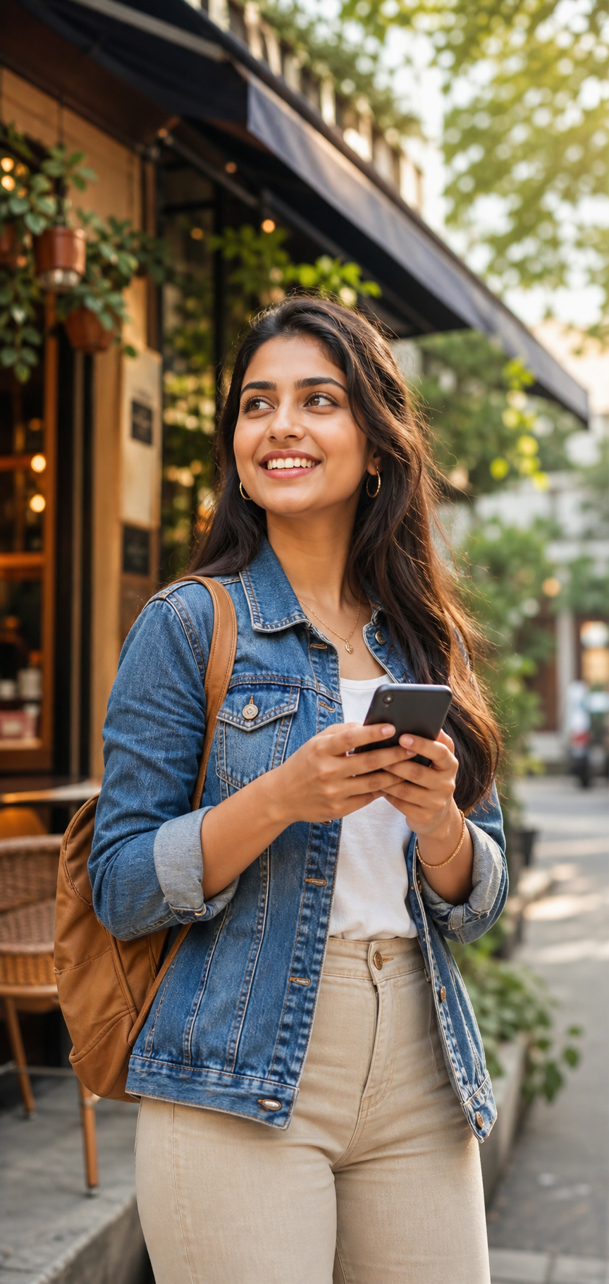 Local explorer using her phone near a neighborhood café