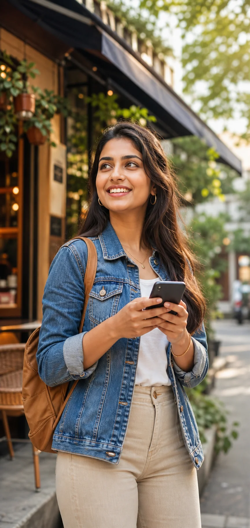 Local explorer using her phone near a neighborhood café