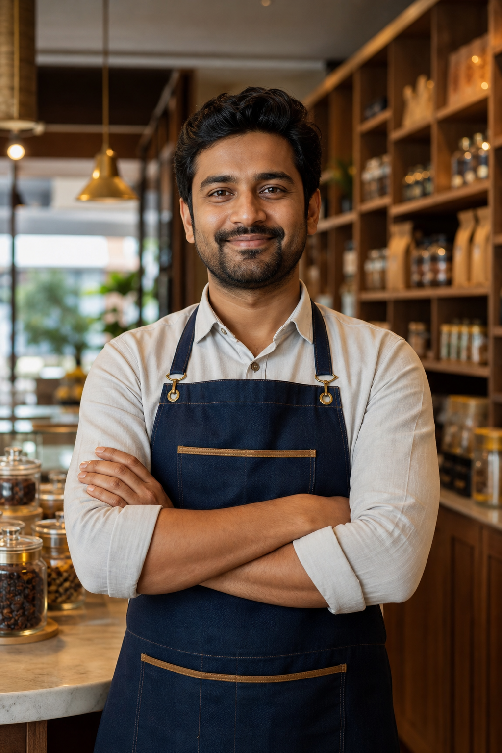 Local merchant standing inside his neighborhood shop