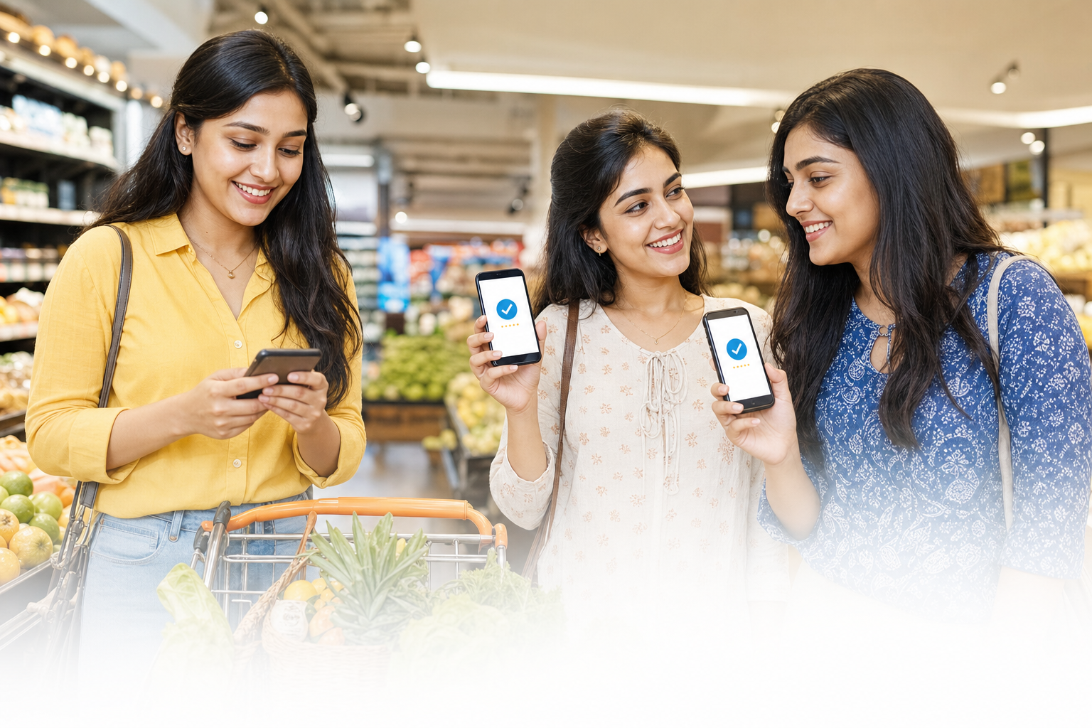 Happy shoppers using ClaimIt reward success screens in a grocery store