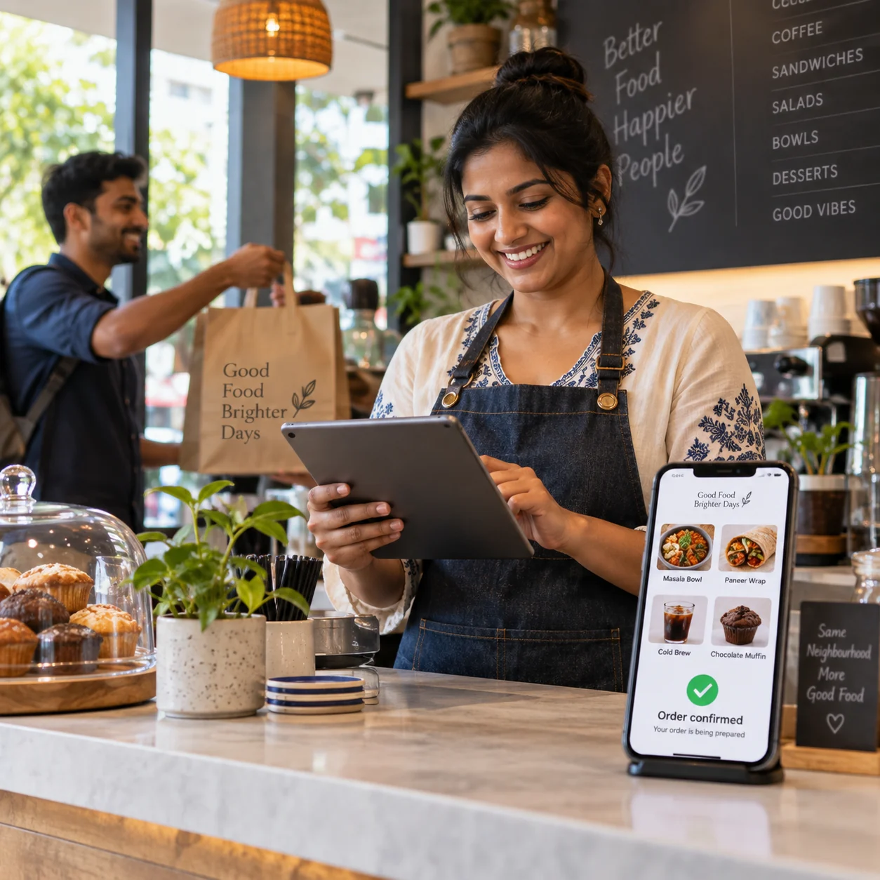 Illustrative cafe owner managing mobile orders while a customer collects a purchase