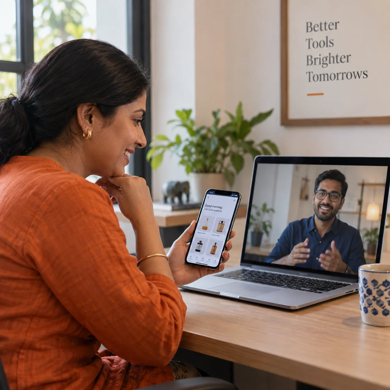 Business founder discussing a finished mobile app with a consultant over a video call