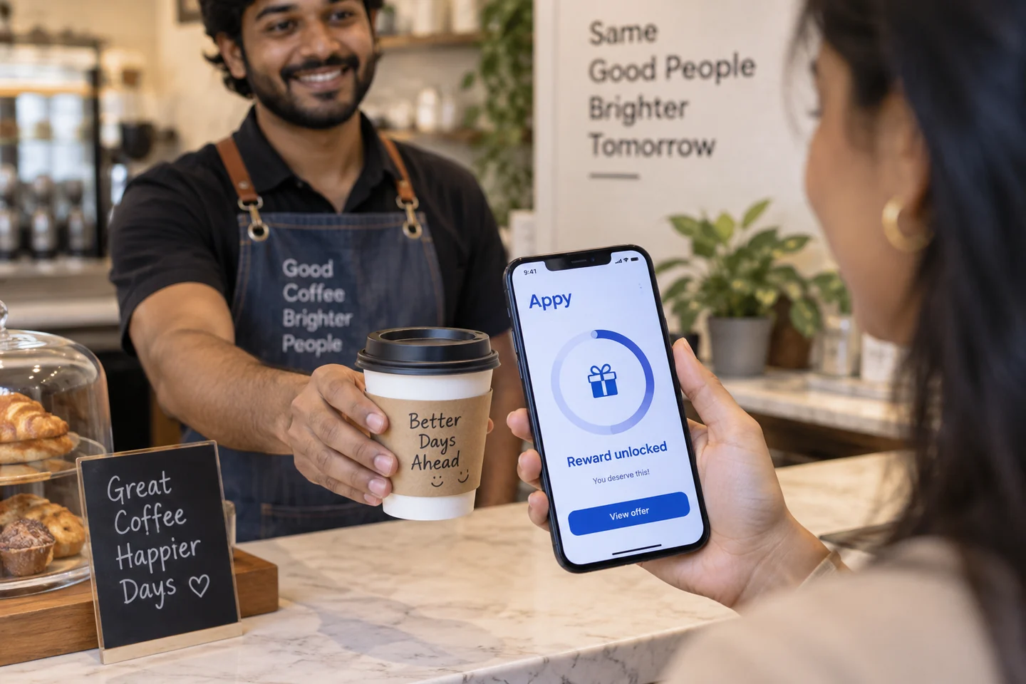 Customer unlocking a loyalty reward on a mobile app while collecting coffee