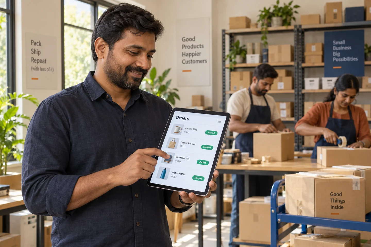 Operations manager tracking orders on a tablet while staff prepare customer parcels