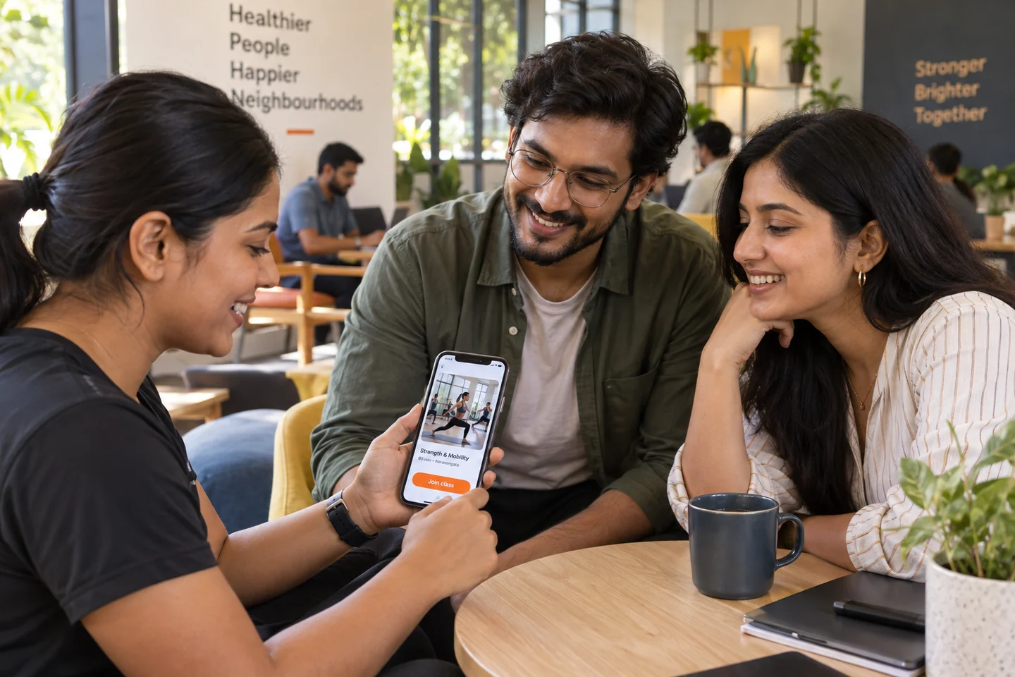 Startup founders observing an early customer using a finished fitness booking app